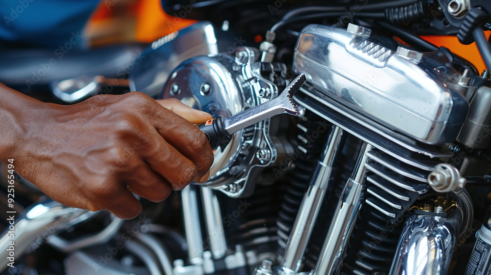 Close-up of a motorcycle engine being fine-tuned by a mechanic Close-up of a motorcycle engine being fine-tuned by a mechanic