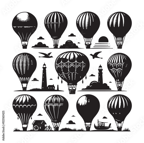 Set of air balloon silhouette vector illustration