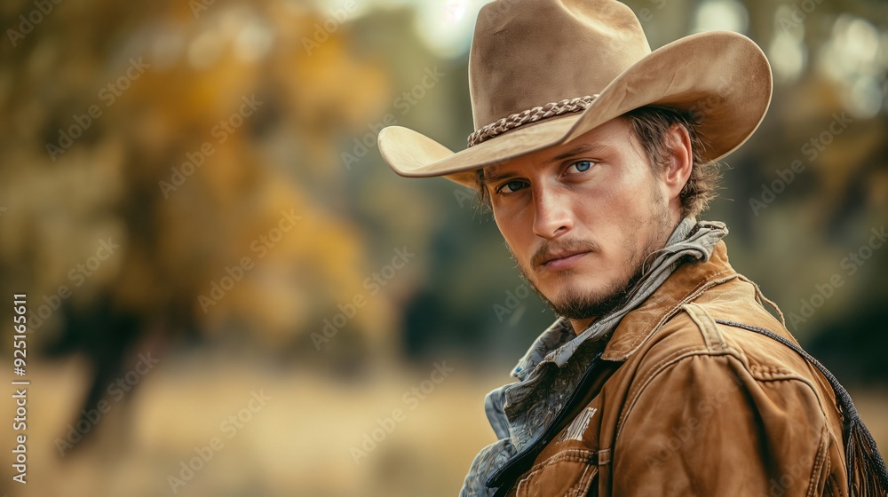 A serious cowboy in a brown leather jacket and hat stands outdoors, striking a confident pose in the rustic countryside. A serious cowboy in a brown leather jacket and hat stands outdoors, striking a confident pose in the rustic countryside.