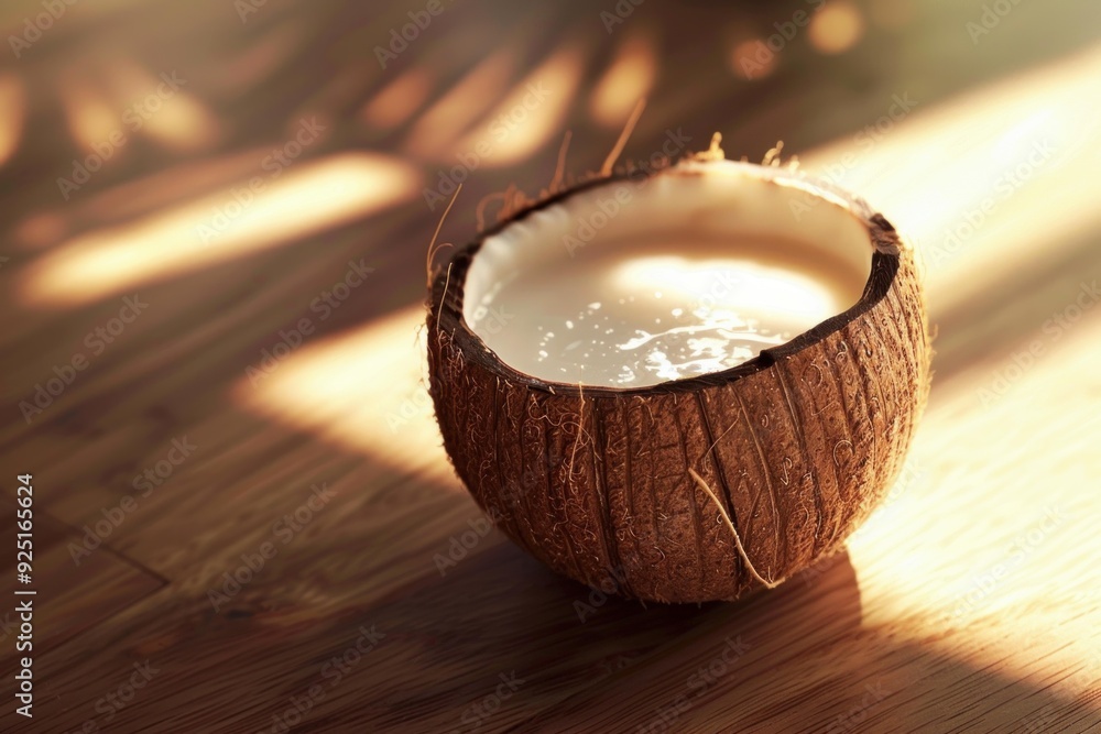 Fototapeta premium Coconut is cracked open, revealing the refreshing coconut water inside