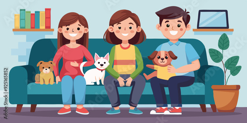 Happy family is sitting on the couch. Mom, dad, daughter, son and pets at home, against the background of the room
