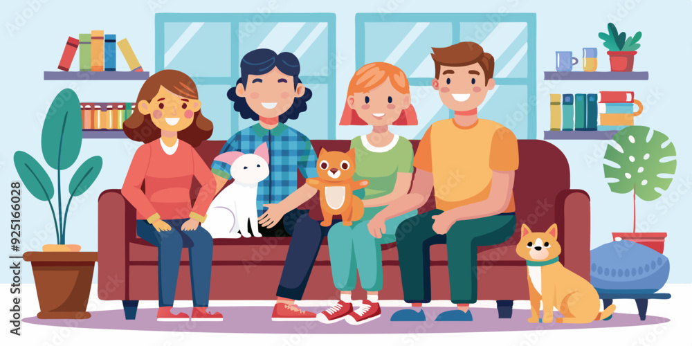 Happy family is sitting on the couch. Mom, dad, daughter, son and pets at home, against the background of the room
Happy family is sitting on the couch. Mom, dad, daughter, son and pets at home, against the background of the room