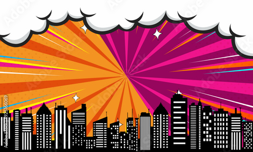 cityscape silhouette pop art comic burst background with sky cloud