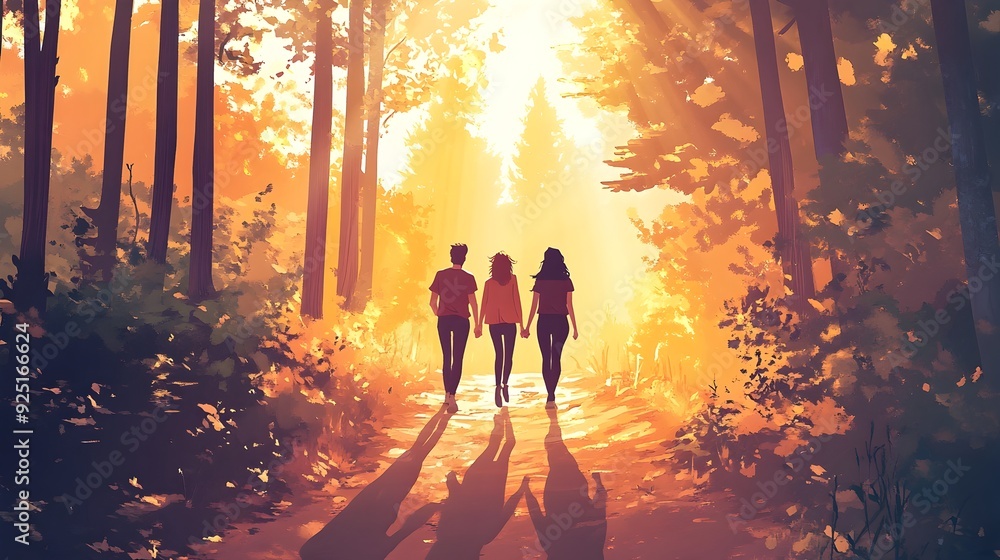 Adventurous LGBTQ Explorers Traverse Sunlit Forest Path in Surreal Dreamscape Adventurous LGBTQ Explorers Traverse Sunlit Forest Path in Surreal Dreamscape