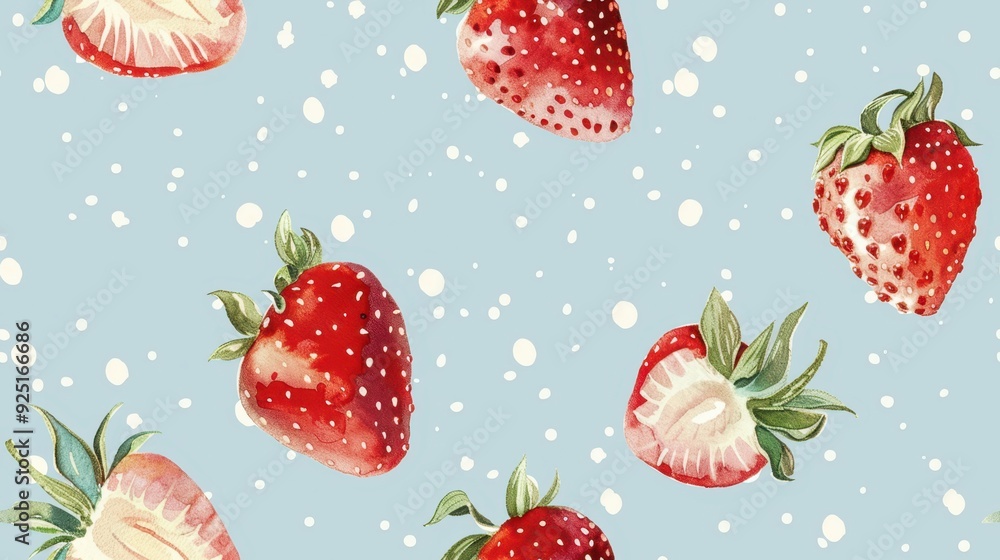 Realistic strawberries and strawberry halves on a blue background with white polka dots. Perfect for playful, fresh, and summery designs. Realistic strawberries and strawberry halves on a blue background with white polka dots. Perfect for playful, fresh, and summery designs.