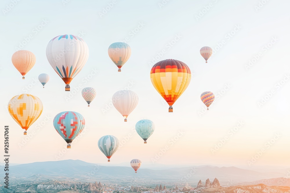 Obraz premium Colorful hot air balloons floating over a scenic landscape at sunrise, creating a serene and vibrant atmosphere.