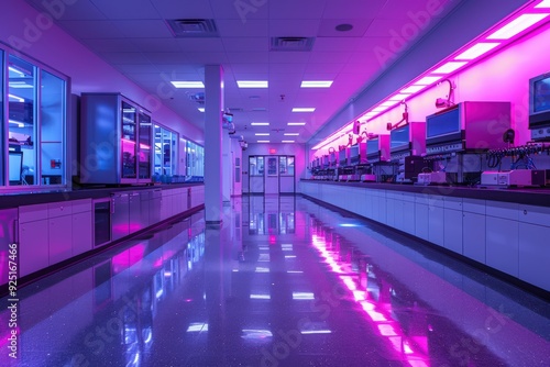 A sleek and futuristic laboratory hall featuring modern equipment and workstations illuminated by striking purple neon lighting, symbolizing scientific advancement and innovation. photo