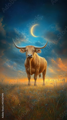 Taurus zodiac bull standing strong in a lush green field under a crescent moon