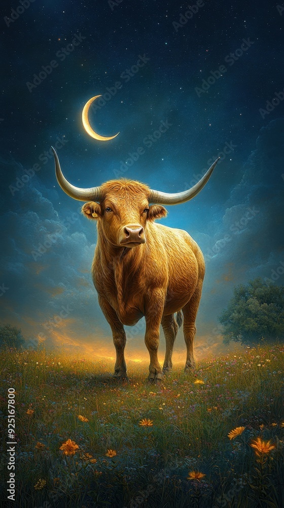 Taurus zodiac bull standing strong in a lush green field under a crescent moon Taurus zodiac bull standing strong in a lush green field under a crescent moon