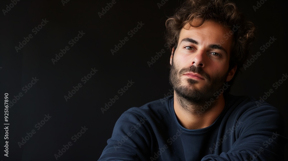 A man with a relaxed and thoughtful expression poses against a dark background, gazing directly into the camera, creating a contemplative mood. A man with a relaxed and thoughtful expression poses against a dark background, gazing directly into the camera, creating a contemplative mood.