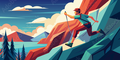 Rock climbing. A male climber climbs a steep cliff against a mountain landscape. Extreme sport
