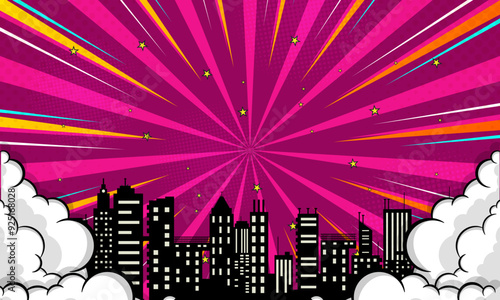 Comic purple background with city silhouette and cloud illustration