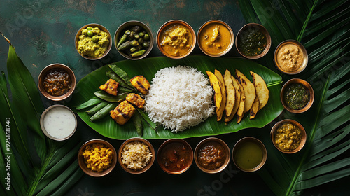 Indian meals for lunch rice with vegetables and curry served in banan leaf photo