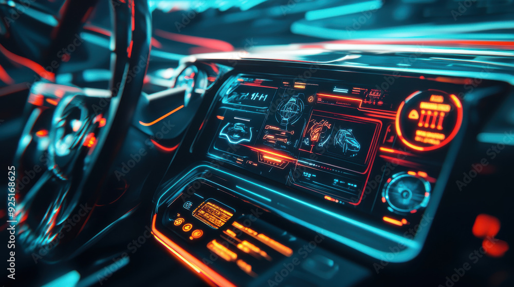 Digital dashboard and control interface of a futuristic concept car Digital dashboard and control interface of a futuristic concept car