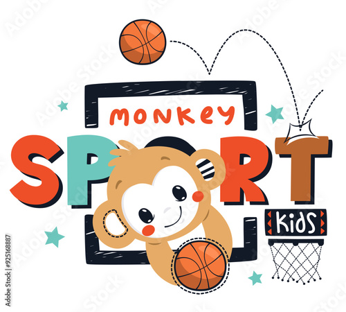Cute monkey playing basketball isolated on white background illustration vector, Graphic t-shirt for kids.