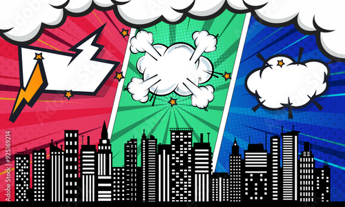 cityscape silhouette pop art comic burst background with sky cloud