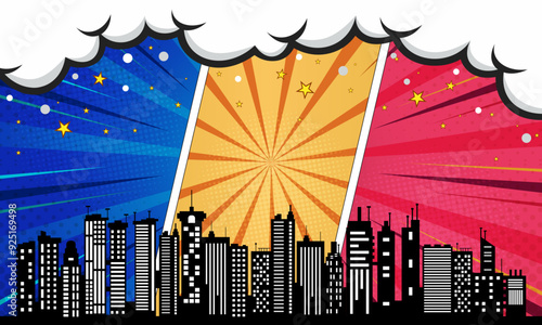 Colorful comic scene background with city silhouette, clouuds and star