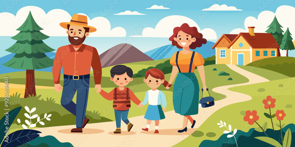 Happy family walks in nature. Mom, dad, daughter and son are actively resting in the village. Parents and children on the background of the summer landscape
Happy family walks in nature. Mom, dad, daughter and son are actively resting in the village. Parents and children on the background of the summer landscape