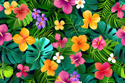 Seamless Minimalist Watercolor Vibrant Floral Pattern: Tropical Leaves and Bold Flowers in Vibrant Color. Modern Home Decor, Textiles, Wrap, Wallpaper, Fabric, Greeting & Invitation Card, Wall Sticker