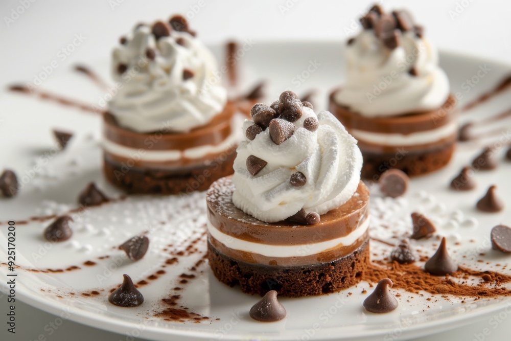 Three miniature chocolate desserts topped with whipped cream and chocolate chips are artistically plated, showcasing intricate layers and textures for a delectable presentation. Three miniature chocolate desserts topped with whipped cream and chocolate chips are artistically plated, showcasing intricate layers and textures for a delectable presentation.