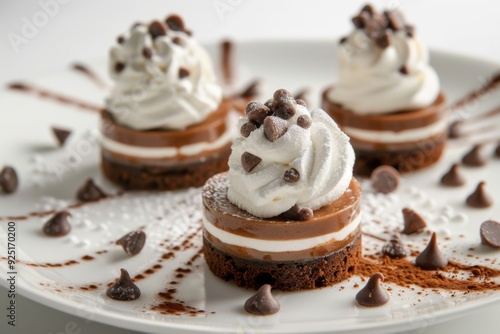 Three miniature chocolate desserts topped with whipped cream and chocolate chips are artistically plated, showcasing intricate layers and textures for a delectable presentation. photo