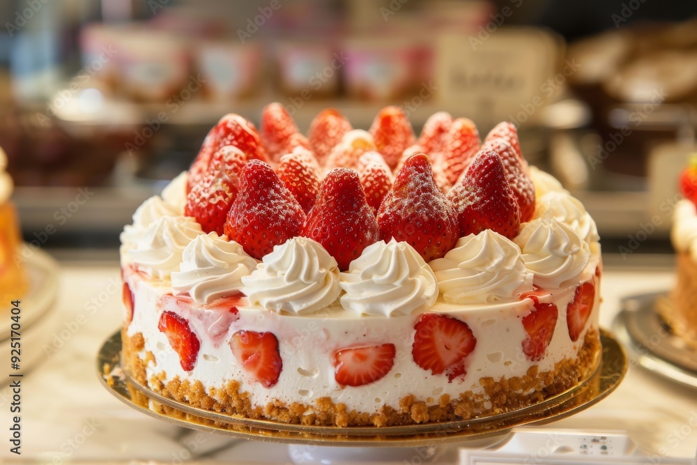 Enticing strawberry cheesecake adorned with whole strawberries and dollops of whipped cream, set in a busy bakery or cafe environment, ideal for stock images and food blogs. Enticing strawberry cheesecake adorned with whole strawberries and dollops of whipped cream, set in a busy bakery or cafe environment, ideal for stock images and food blogs.