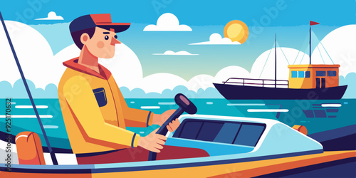 Boat trip. Recreation. The man controls the boat. Vector illustr
