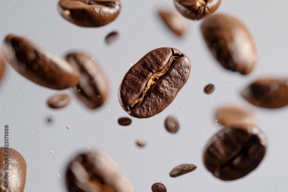 Roasted coffee beans floating, falling and colliding on a light grey background
