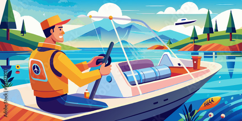 Boat trip. Recreation. The man controls the boat. Vector illustr
