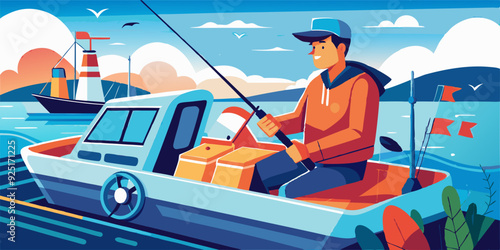 Boat trip. Recreation. The man controls the boat. Vector illustr
