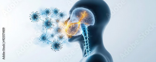 Illustration of a person inhaling toxic fumes, with microscopic views of lungs deteriorating due to environmental toxins, Toxic fumes, Lung cancer risk