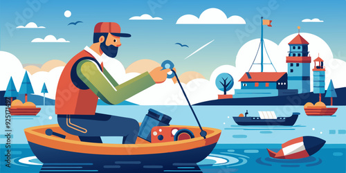 Boat trip. Recreation. The man controls the boat. Vector illustr
