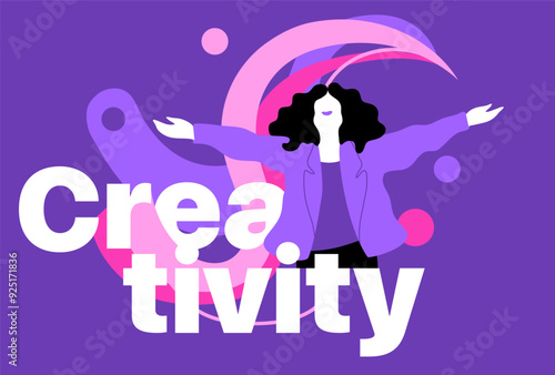 A woman joyfully embracing creativity with vibrant colors and dynamic shapes on a purple background.