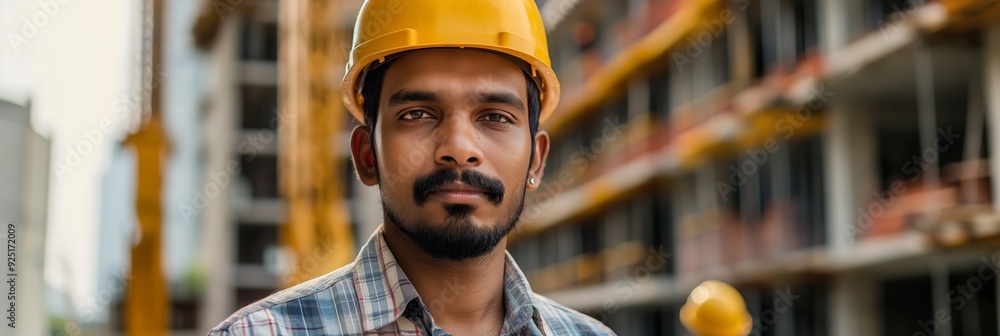 A bearded construction worker wearing a yellow helmet and checkered shirt, standing at a construction site with buildings under development in the background. A bearded construction worker wearing a yellow helmet and checkered shirt, standing at a construction site with buildings under development in the background.