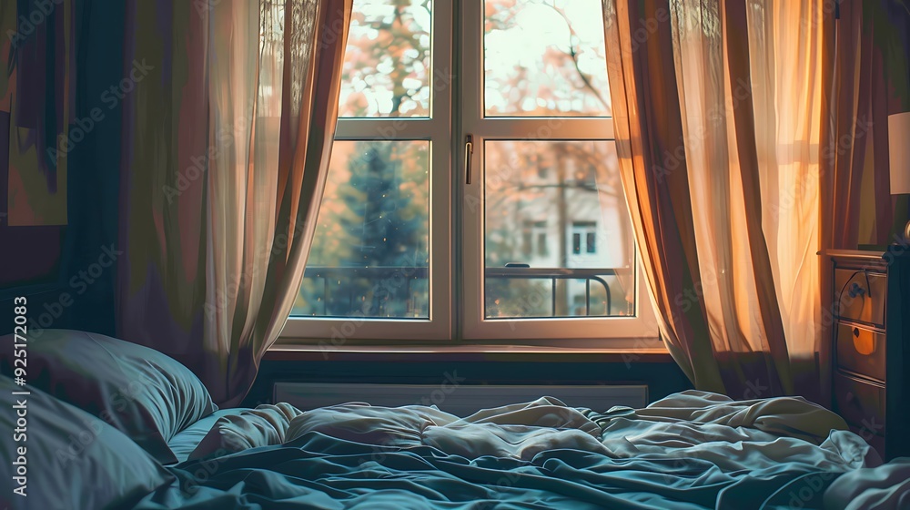 At home bedroom with bed facing window and curtains
