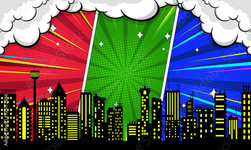 Colorful comic scene background with city silhouette