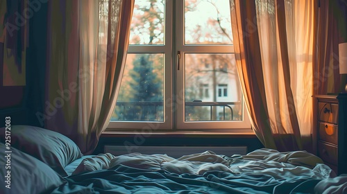 Obraz na płótnie At home bedroom with bed facing window and curtains w salonie