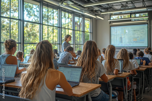 A modern classroom with students engaged in hybrid learning, using both digital devices and traditional materials for a blended educational experience.