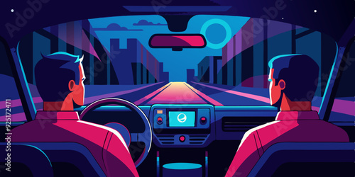 Man driving a car rear view. Trip late at night. Vector illustration

