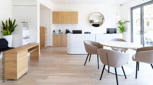 an elegant and orderly nutritionist office, featuring a spacious layout with a minimalist desk setup