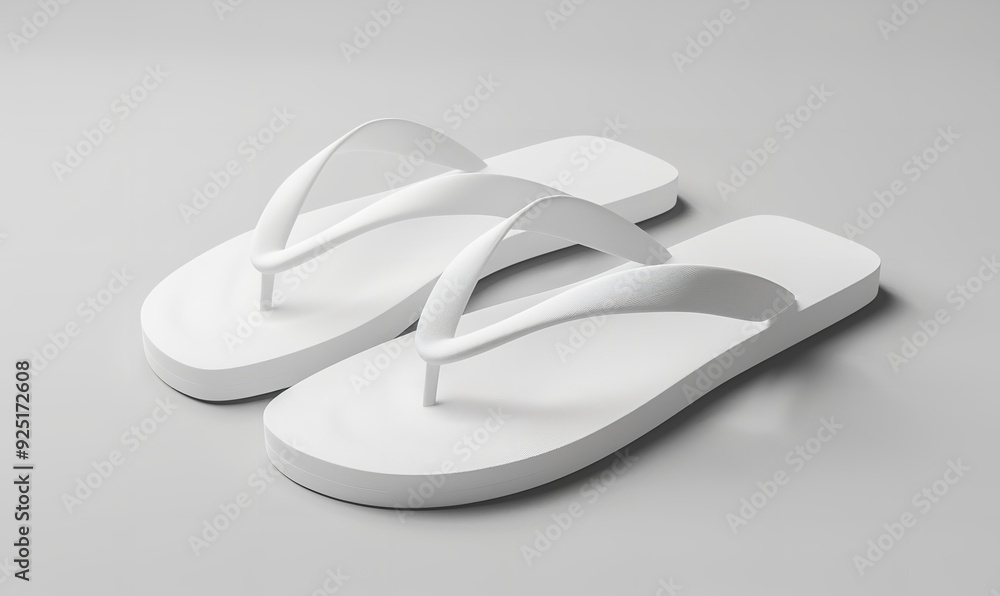 A 3D graphic shows an isolated side view of a mockup of blank white beach footwear. These empty rubber flip-flop sandals are perfect for summertime, Generative AI. A 3D graphic shows an isolated side view of a mockup of blank white beach footwear. These empty rubber flip-flop sandals are perfect for summertime, Generative AI.
