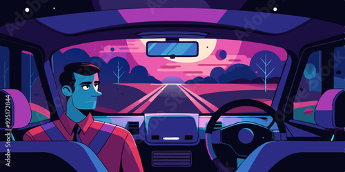 Man driving a car rear view. Trip late at night. Vector illustration
