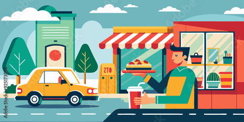 Drive thru. Man drives up to a fast food cafe and picks up his order. Vector illustration

