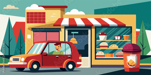 Drive thru. Man drives up to a fast food cafe and picks up his order. Vector illustration
