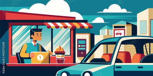 Drive thru. Man drives up to a fast food cafe and picks up his order. Vector illustration
