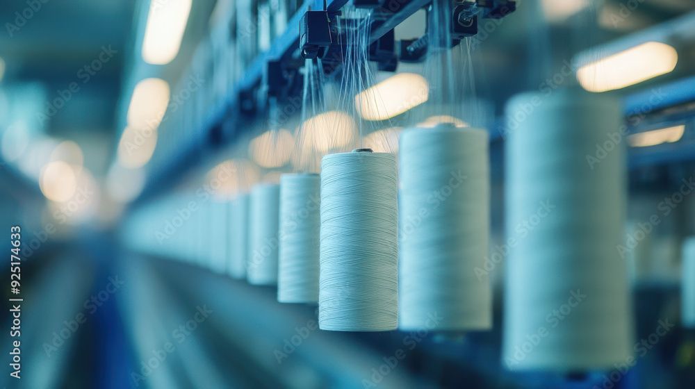 Dynamic shot of spools of thread unwinding in a textile production line Dynamic shot of spools of thread unwinding in a textile production line