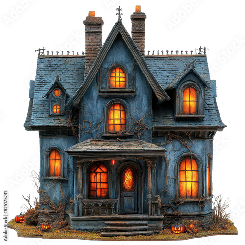 A spooky haunted house with glowing windows and Halloween decorations, perfect for seasonal themes and spooky storytelling.