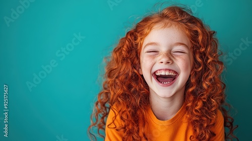 Laughing red-haired girl with freckles, exuding joy and happiness, against a vibrant turquoise background. photo