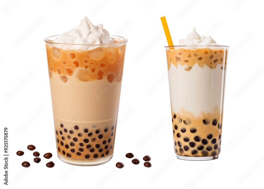 Two delicious bubble tea drinks with tapioca pearls, creamy toppings, and a refreshing presentation for any beverage lover. Two delicious bubble tea drinks with tapioca pearls, creamy toppings, and a refreshing presentation for any beverage lover.