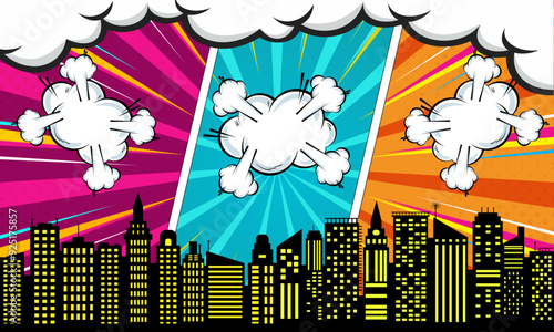 Comic Book City Background Isolated On red Background. Vector Illustration In Flat Style